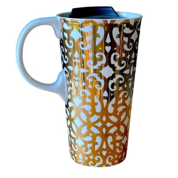 CYPRESS HOMES 17oz gold foil lace design travel mug handle celestial holiday EUC - Picture 2 of 14